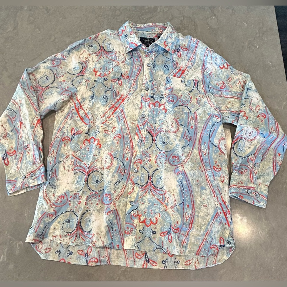 Nat Nast Button Down Shirt Linen Paisley Long Sleeve Luxury Originals Lg